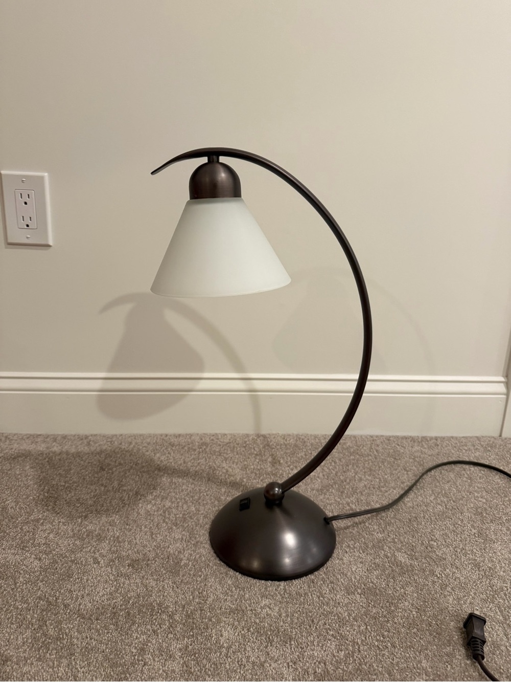 Curved Arc Table Lamp with Frosted White Glass Shade - Bronze Finish